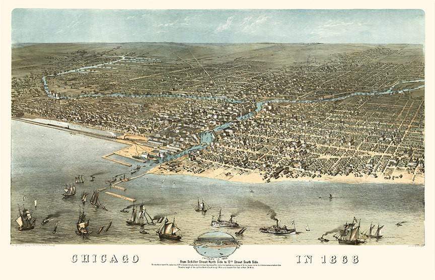 Old Chicago Map, Birds Eye View, 1868 Historical Pix