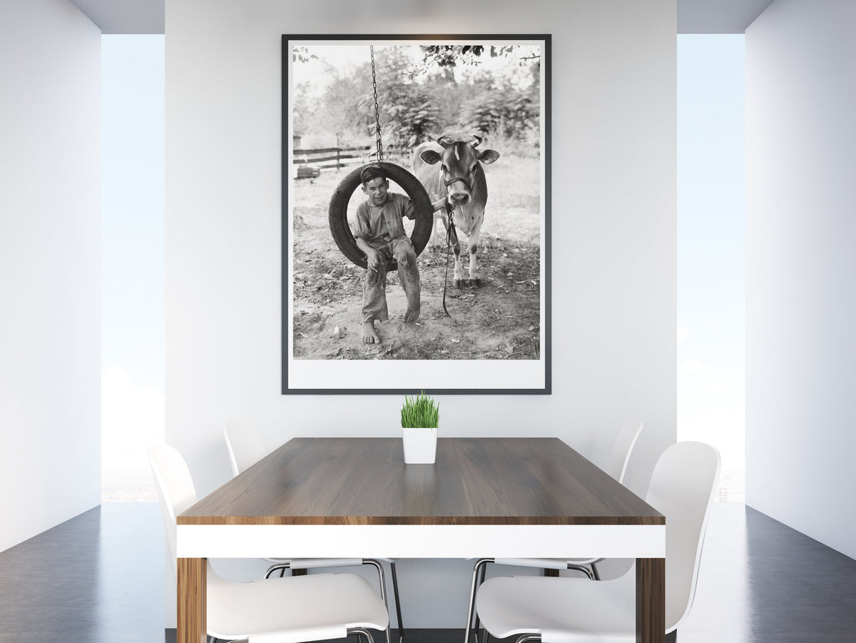 A Boy on a Tire Swing and Cow-Farm Photo, 1930 Historical Pix
