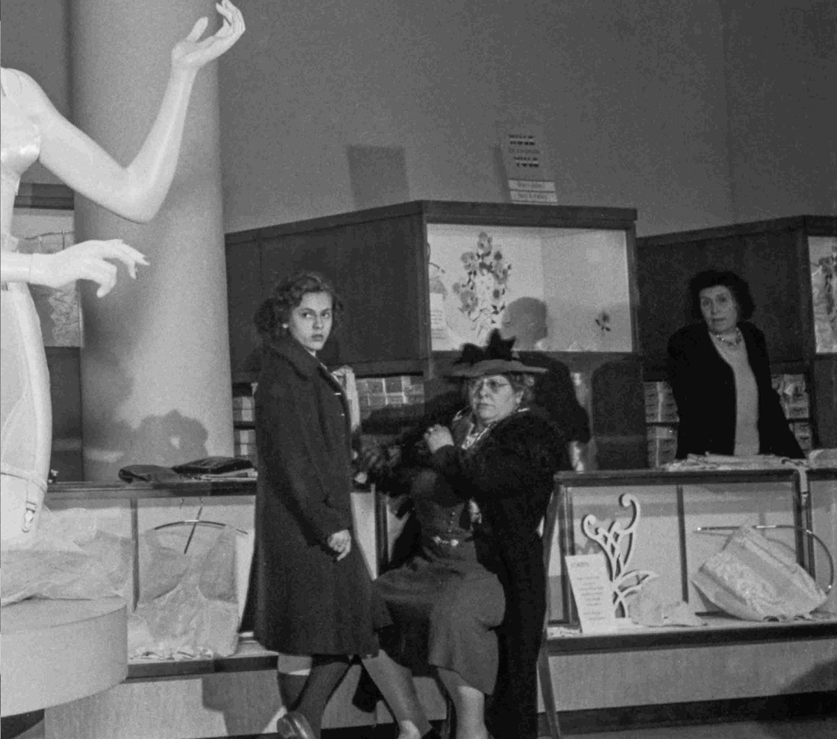 Corset display at Macy Dept. store before Christmas, 1942, Marjory Collins Historical Pix