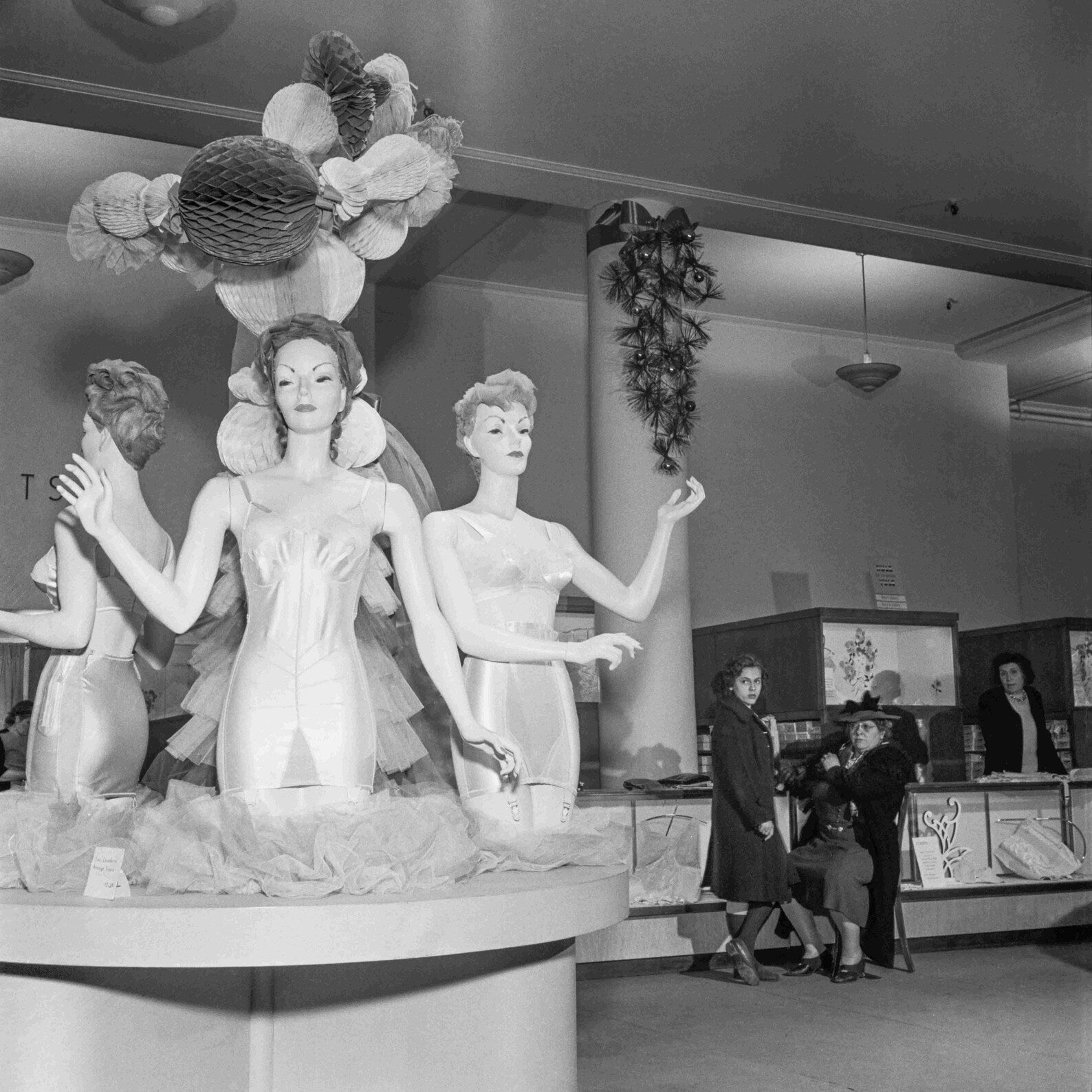 Corset display at Macy Dept. store before Christmas, 1942, Marjory Collins Historical Pix