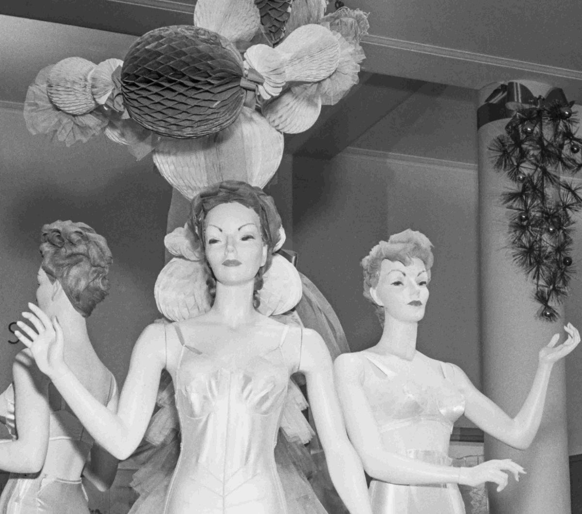 Corset display at Macy Dept. store before Christmas, 1942, Marjory Collins Historical Pix