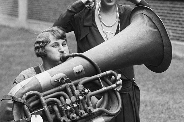 Funny Photo of Woman Playing Tuba, 1928
