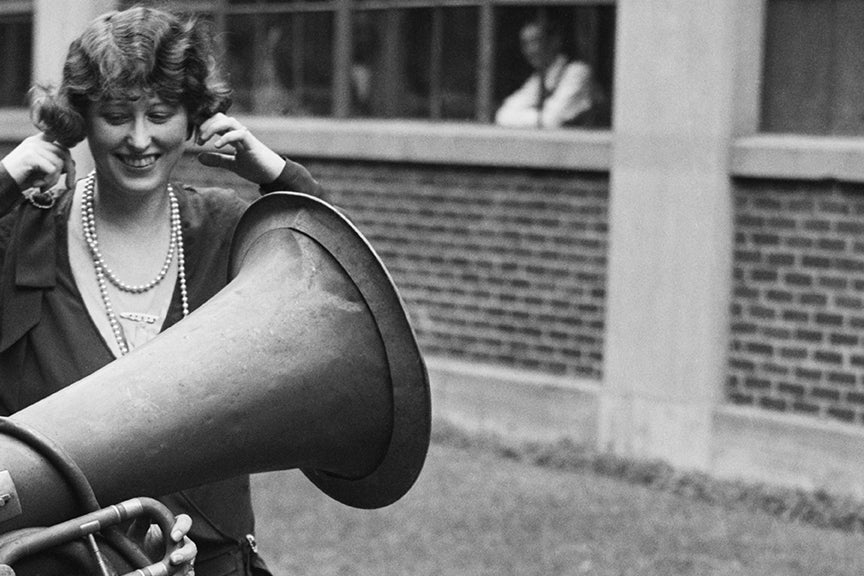 Funny Photo of Woman Playing Tuba, 1928 Historical Pix
