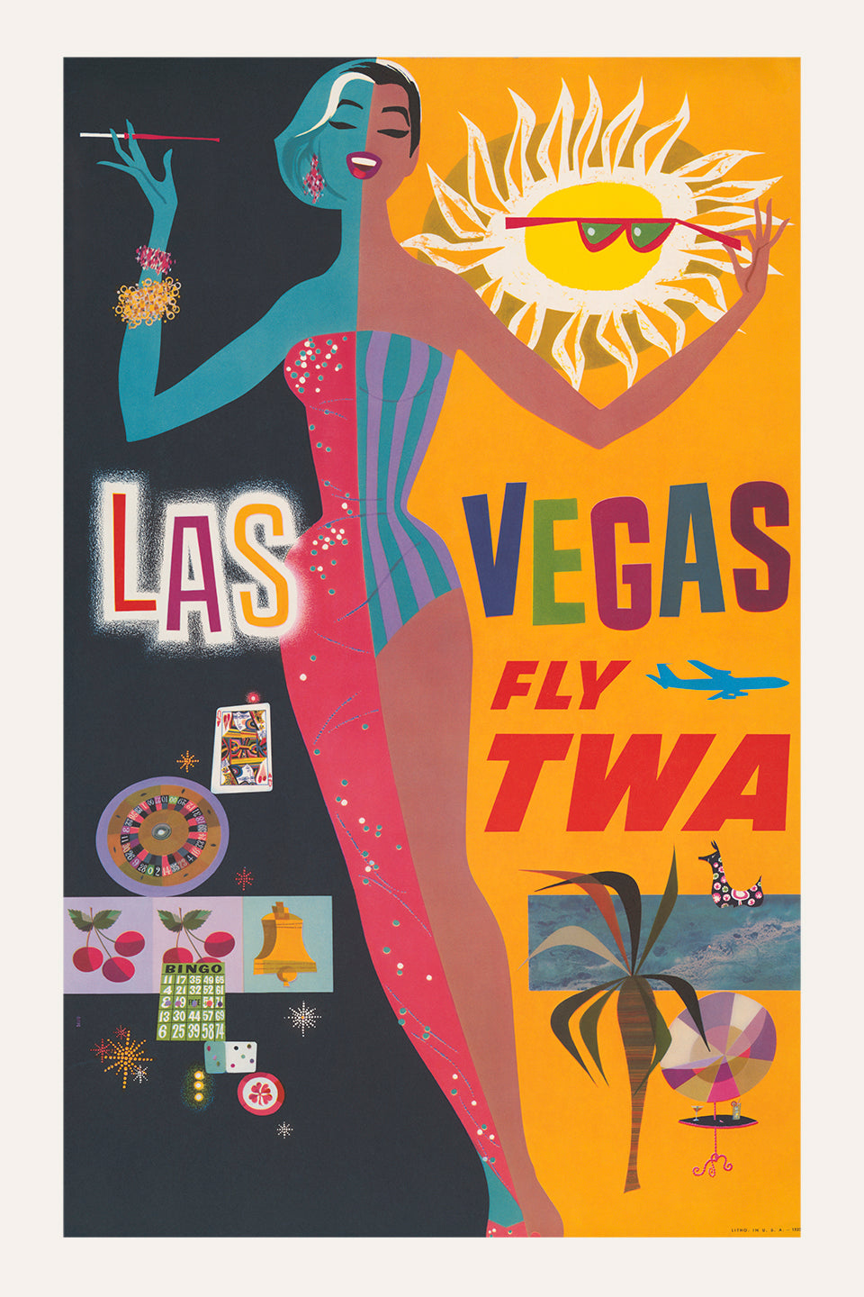 Las Vegas TWA Lithographic Travel Poster, Mid-Century Art Historical Pix