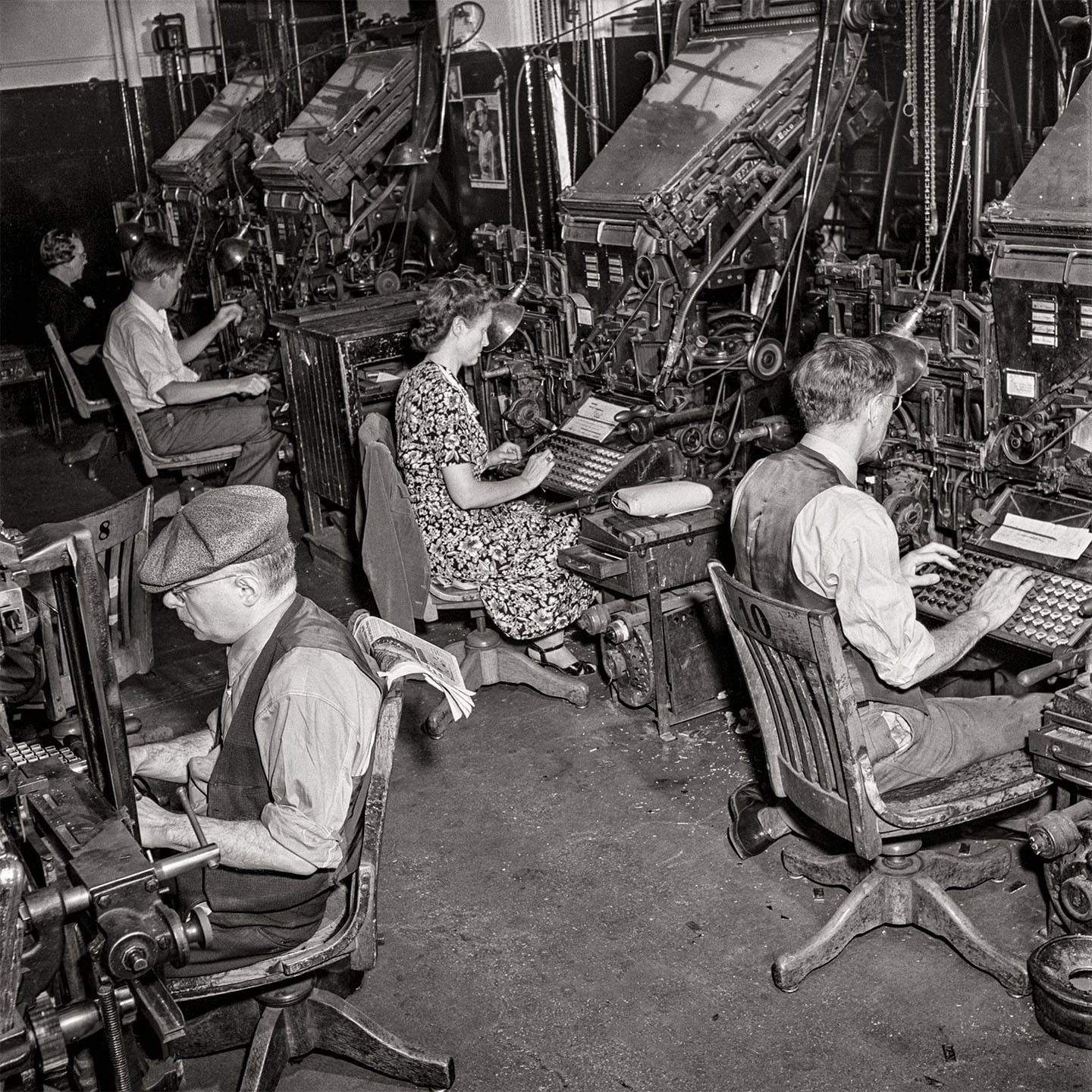 New York Times  Newspaper Composition Room, Linotype Operators, 1942, Marjory Collins Historical Pix