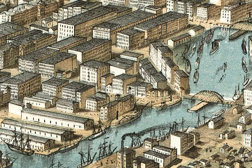 Old Chicago Map, Birds Eye View, 1868 Historical Pix