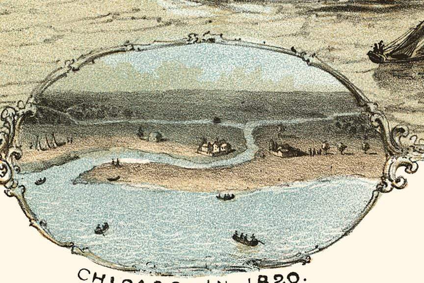 Old Chicago Map, Birds Eye View, 1868 Historical Pix