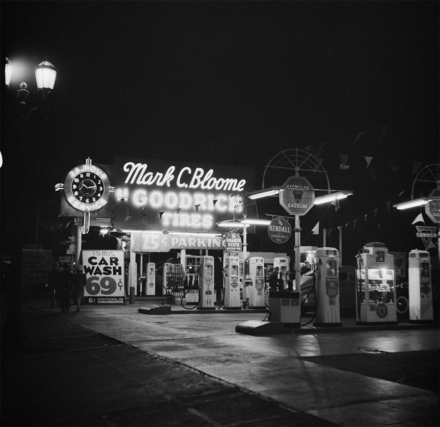 Nighttime Vintage Gas Station Photo, Hollywood, California, 1942