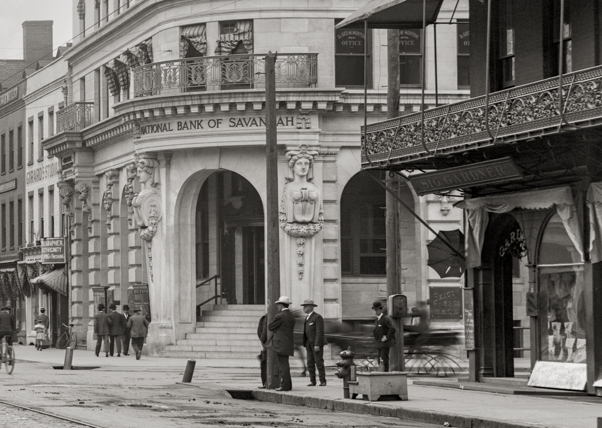 A closeup of the &quot;National Bank of Savannah&quot;.