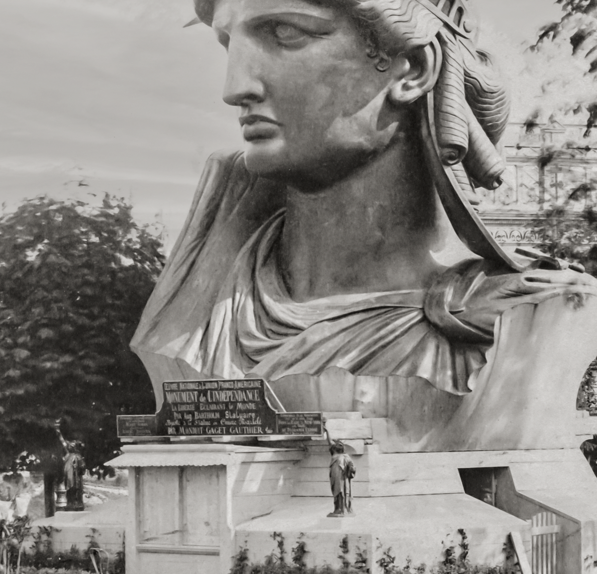 A closeup of the head of the Statue of Liberty.