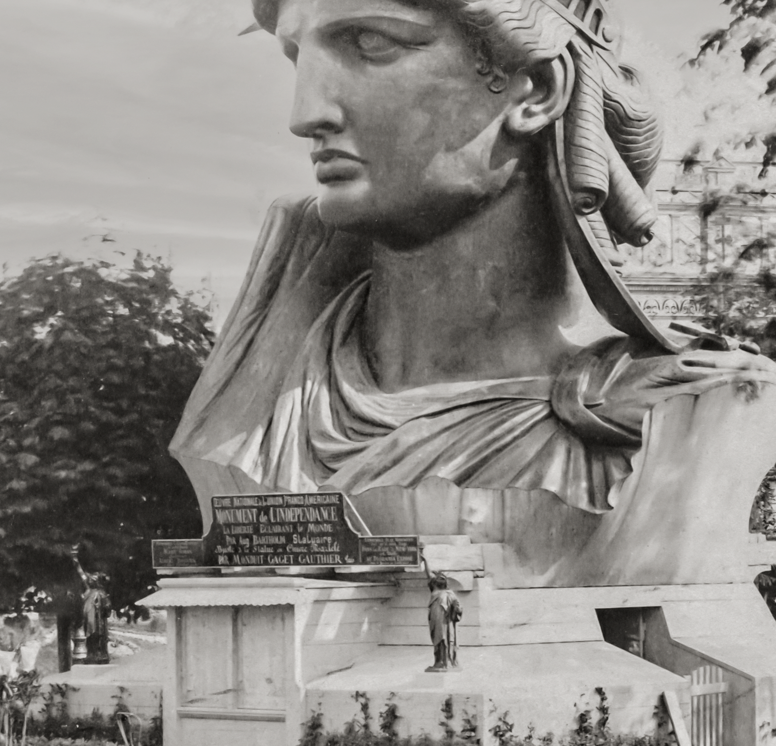 A closeup of the head of the Statue of Liberty.