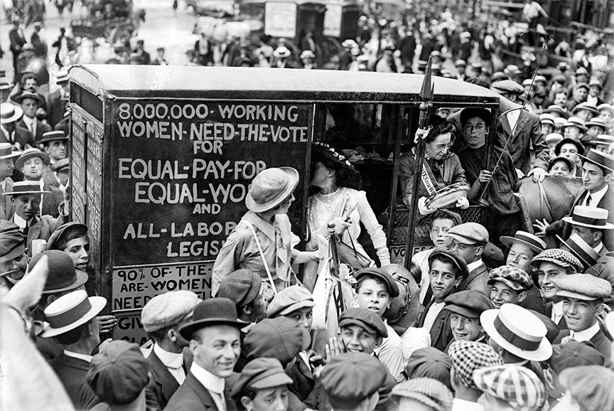 Suffragettes Protesting in Car, Flanked by Laughing Men. Early 1900s Photo Historical Pix