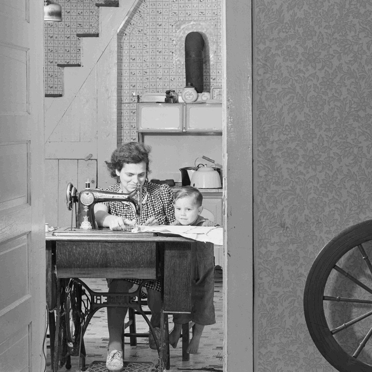 Woman Sewing With Boy, Maine, Photographed by Jack Delano, 1940 Historical Pix