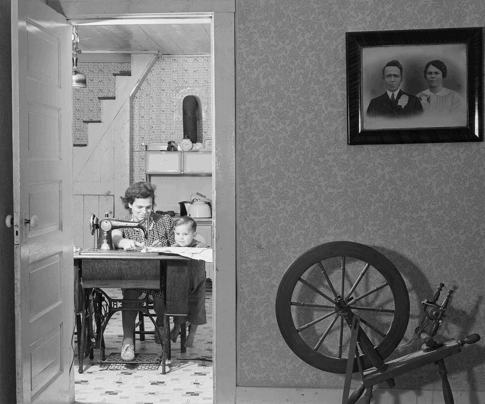 Woman Sewing With Boy, Maine, Photographed by Jack Delano, 1940 Historical Pix