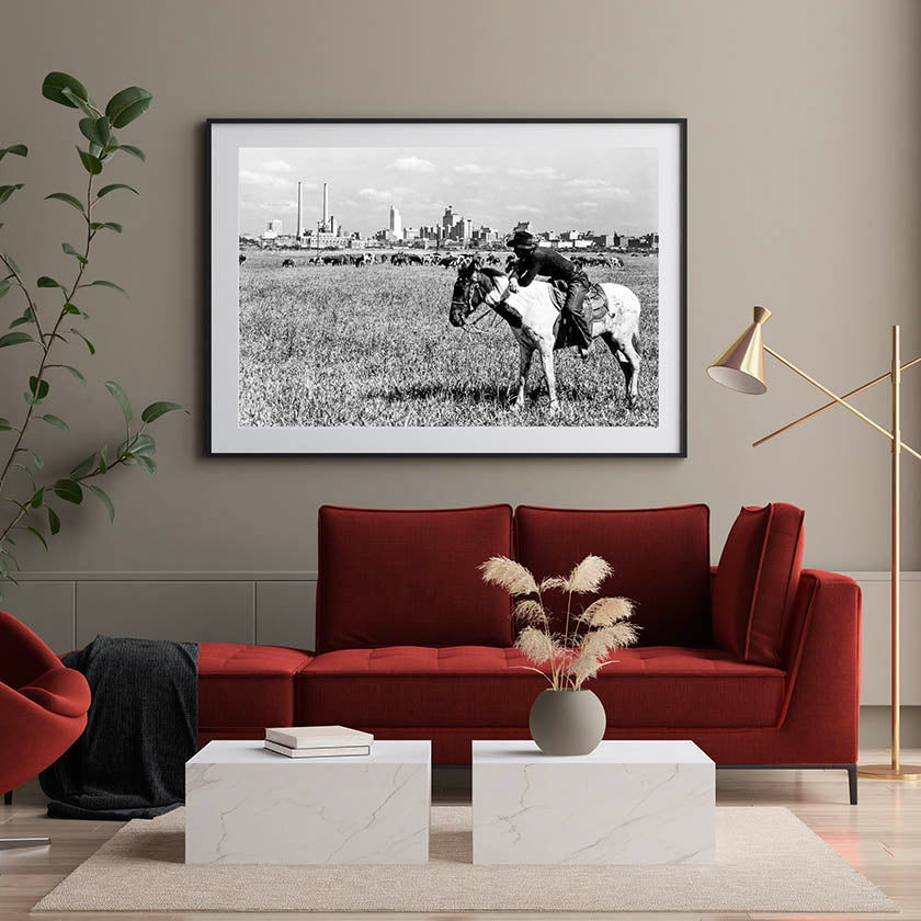 Dallas Texas Skyline, Cowboy &amp; Horse, Dallas Texas, 1943